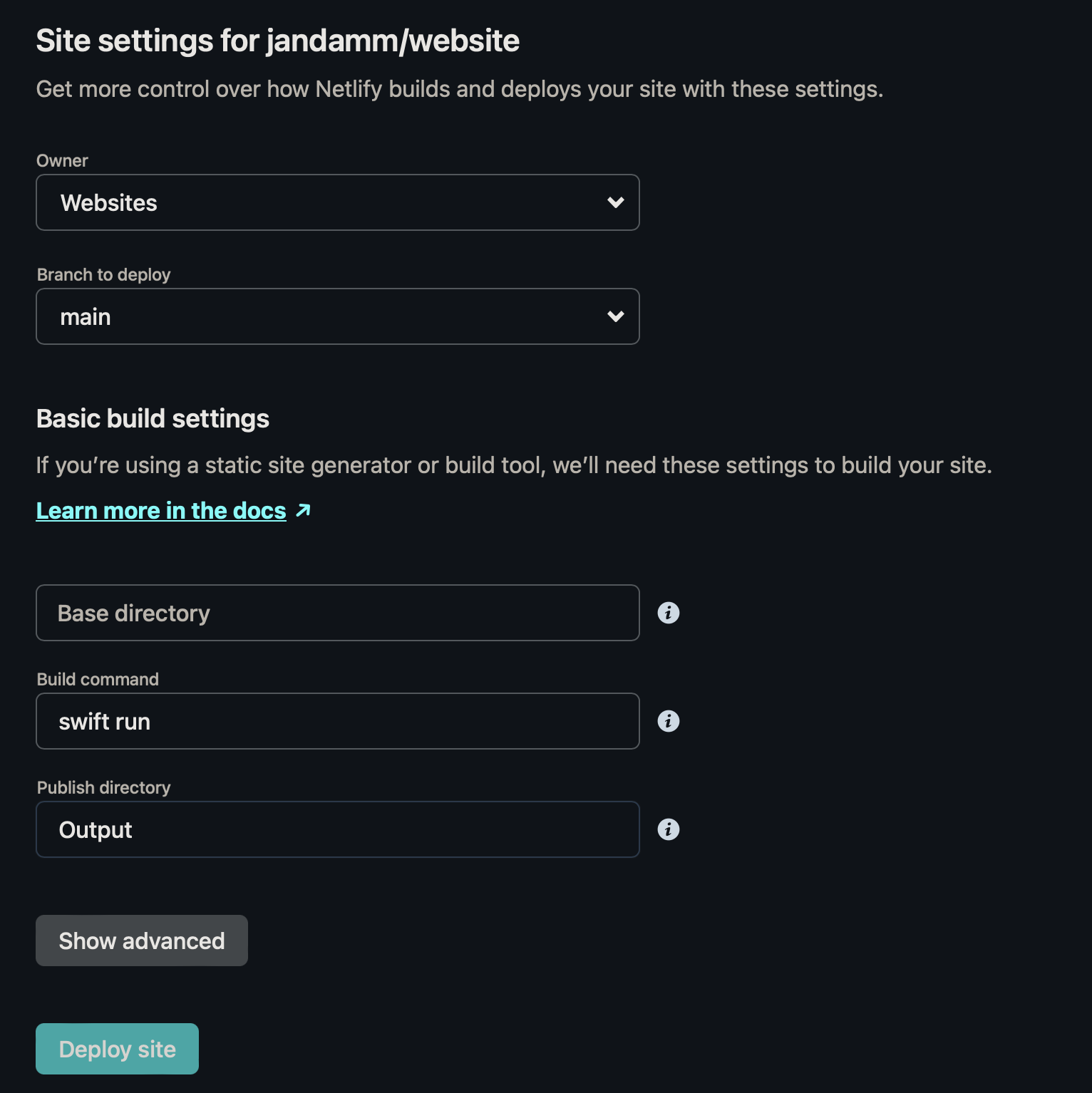 Screenshot of Netlify config. Build command: swift run. Publish directory: Output.